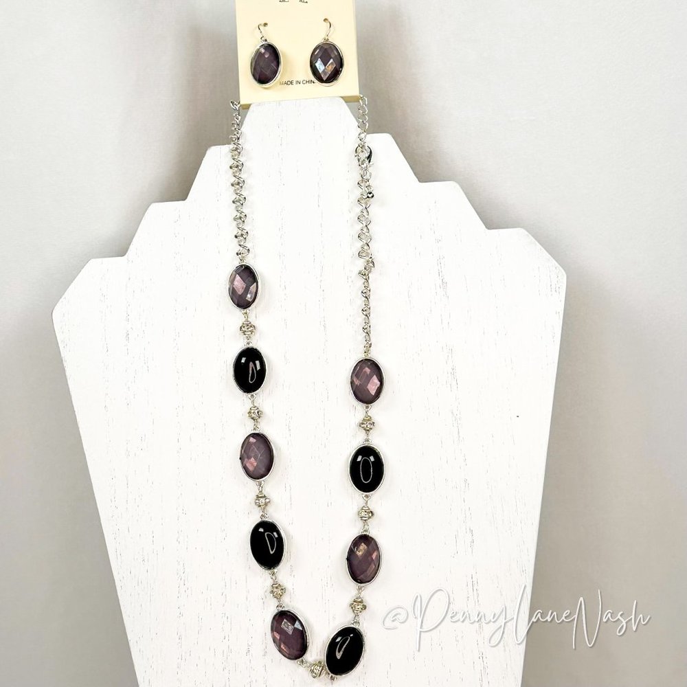 Vintage Oval Gem on Silver Chain Necklace & Earrings Set - Picture 5 of 5
